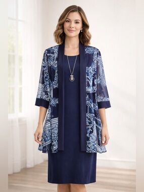 R&M Richards Navy & Blue Floral Sheer Jacket Dress Set